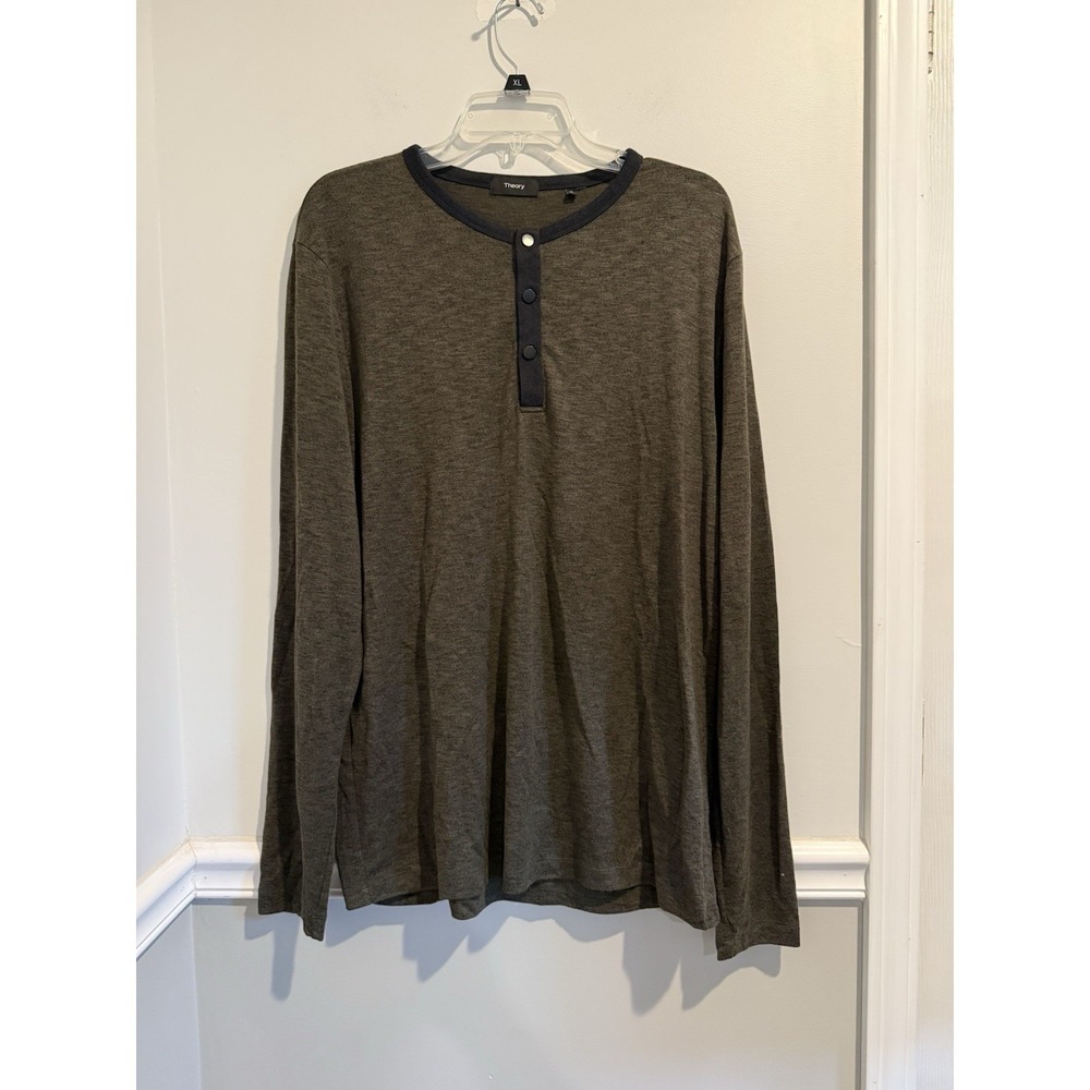 Theory Men's Charcoal Gray Long Sleeve Snap Button Henley Preppy Shirt‎ Size XL